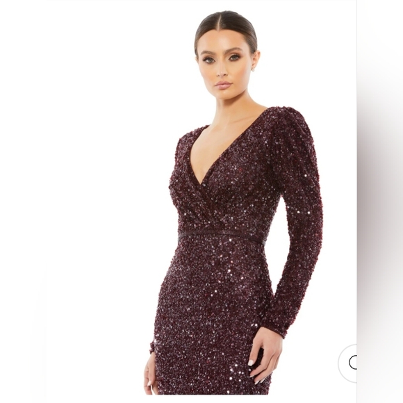 MAC DUGGAL 5510 Sequined Surplice Longsleeve Gown Mahogany Sz 8 NWT - Picture 3 of 10